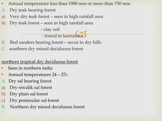 
• Annual temperature less than 1900 mm or more than 750 mm
A. Dry teak bearing forest
a) Very dry teak forest – seen in high rainfall area
b) Dry teak forest – seen in high rainfall area
- clay soil
- found in karnataka
B. Red sanders bearing forest – occur in dry hills
C. southern dry mixed deciduous forest
northern tropical dry deciduous forest
• Seen in northern india
• Annual temperatuere 24 – 27c
A. Dry sal bearing forest
a) Dry siwalik sal forest
b) Dry plain sal forest
c) Dry peninsular sal forest
B. Northern dry mixed deciduous forest
 