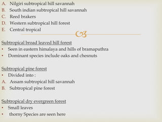 
A. Nilgiri subtropical hill savannah
B. South indian subtropical hill savannah
C. Reed brakers
D. Western subtropical hill forest
E. Central tropical
Subtropical broad leaved hill forest
• Seen in eastern himalaya and hills of bramaputhra
• Dominant species include oaks and chesnuts
Subtropical pine forest
• Divided into :
A. Assam subtropical hill savannah
B. Subtropical pine forest
Subtropical dry evergreen forest
• Small leaves
• thorny Species are seen here
 