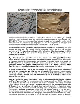 1
CLASSIFICATION OF FRACTURED CARBONATE RESERVOIRS
Some researchers classified the fractured carbonate reservoirs as one of four types (Hubert
and Willis (1955) and MacNaughton and Garb (1975); modified by Nelson, 1985; Allen and Sun,
2003, 2004). Their argument based on intergranular porosity and permeability and the role of
fractures which has play role in providing space and fluid flow. Depending of rock type, local
tectonic regime and thickness of sediment the fracture pattern can be change.
Fractured oil reservoirs type 1 have little intergranular porosity and permeability. The pore
spaces are water wet. The fractures provide the storage capacity and all of the fluid-flow
pathways for oil. Average intergranular porosities is less than 5% and average permeability
is less than1 mD. If there are no fractures, this type of reservoirs would not be
commercial producers.
Type 2 fractured carbonate oil reservoirs have macro porous. This type of fracture has
low to moderate intergranular porosity, and low permeability. The intergranular pore spaces
in fracture provide the storage capacity of the reservoirs. Accordingly the fractures provide the
fluid-flow pathways for the oil movement. In these reservoirs, intergranular porosities can be
more than 10-15% and average permeability more than 10 mD. Without fractures, most
Type 2 reservoirs would be incapable of producing at commercial flow rates.
Fracture oil reservoirs Type 3 are microporous and have moderate to high matrix
porosity, low intergranular porosity, and low permeability. The matrix pore spaces provide
the storage capacity of the reservoirs and the fractures provide the fluid-flow pathways for the oil
movement. Without fractures, most type 3 reservoirs would be incapable of producing at
commercial flow rates.
Type 4 fractured carbonate oil reservoirs have at least moderate intergranular porosity
and ‘good’ permeability. The pore spaces provide storage capacity and fluid-flow pathways.
Such fractures enhance bulk permeability and increase reservoir heterogeneity. Reservoir
heterogeneity is controlled by 3 factors: 1.Reservoir architecture, 2.Fracture distribution, and
3. Diagenetic overprint. Reservoir architecture is primarily controlled by depositional facies
patterns and early diagenetic overprint, including early post-depositional cementation and
dolomitization. Fracture distribution differs from one tectonic regime to the next (e.g.,
extensional, compressional, wrench, and vertical tectonic fracturing). Later diagenetic overprint
can include alteration and karstification during uplift, or leaching and cementation during burial.
Karstification is generally accompanied by tectonic fracturing, which it may predate or postdate.
 