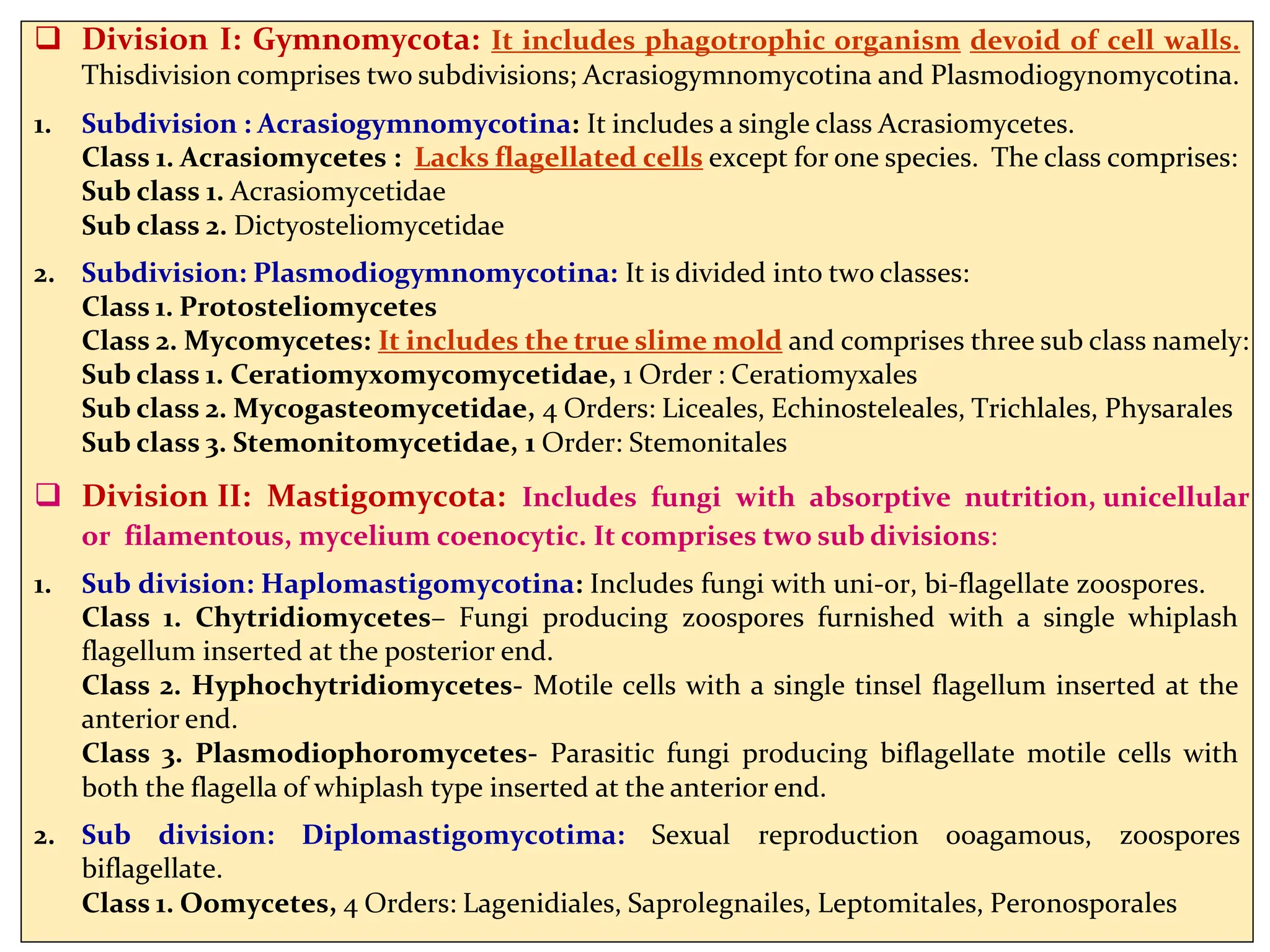 Division I: Gymnomycota: It includes phagotrophic organism devoid of cell walls.
Thisdivision comprises two subdivisions; Acrasiogymnomycotina and Plasmodiogynomycotina.
1. Subdivision : Acrasiogymnomycotina: It includes a single class Acrasiomycetes.
Class 1. Acrasiomycetes : Lacks flagellated cells except for one species. The class comprises:
Sub class 1. Acrasiomycetidae
Sub class 2. Dictyosteliomycetidae
2. Subdivision: Plasmodiogymnomycotina: It is divided into two classes:
Class 1. Protosteliomycetes
Class 2. Mycomycetes: It includes the true slime mold and comprises three sub class namely:
Sub class 1. Ceratiomyxomycomycetidae, 1 Order : Ceratiomyxales
Sub class 2. Mycogasteomycetidae, 4 Orders: Liceales, Echinosteleales, Trichlales, Physarales
Sub class 3. Stemonitomycetidae, 1 Order: Stemonitales
 Division II: Mastigomycota: Includes fungi with absorptive nutrition, unicellular
or filamentous, mycelium coenocytic. It comprises two sub divisions:
1. Sub division: Haplomastigomycotina: Includes fungi with uni-or, bi-flagellate zoospores.
Class 1. Chytridiomycetes– Fungi producing zoospores furnished with a single whiplash
flagellum inserted at the posterior end.
Class 2. Hyphochytridiomycetes- Motile cells with a single tinsel flagellum inserted at the
anterior end.
Class 3. Plasmodiophoromycetes- Parasitic fungi producing biflagellate motile cells with
both the flagella of whiplash type inserted at the anterior end.
2. Sub division: Diplomastigomycotima: Sexual reproduction ooagamous, zoospores
biflagellate.
Class 1. Oomycetes, 4 Orders: Lagenidiales, Saprolegnailes, Leptomitales, Peronosporales
 