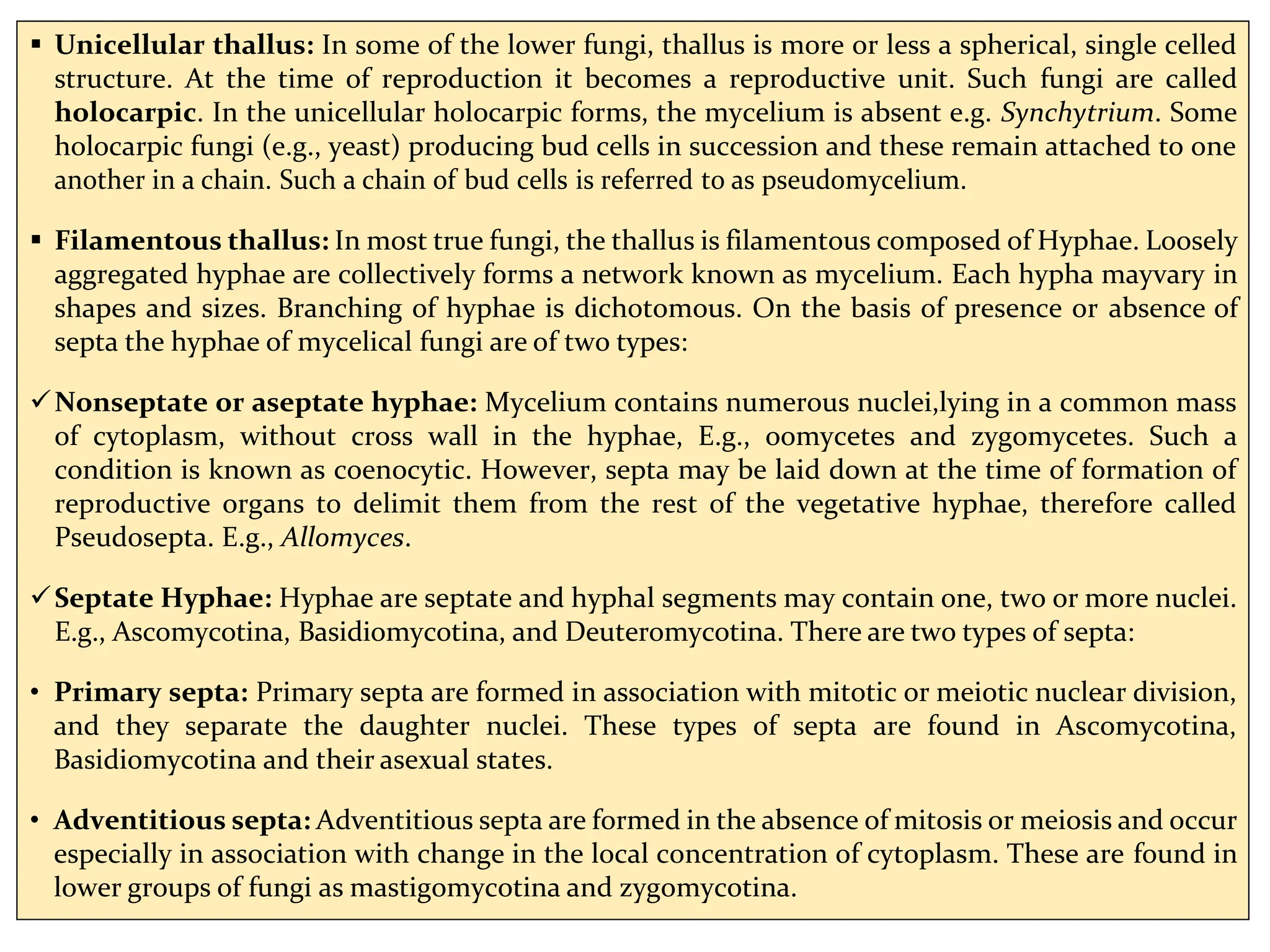  Unicellular thallus: In some of the lower fungi, thallus is more or less a spherical, single celled
structure. At the time of reproduction it becomes a reproductive unit. Such fungi are called
holocarpic. In the unicellular holocarpic forms, the mycelium is absent e.g. Synchytrium. Some
holocarpic fungi (e.g., yeast) producing bud cells in succession and these remain attached to one
another in a chain. Such a chain of bud cells is referred to as pseudomycelium.
 Filamentous thallus: In most true fungi, the thallus is filamentous composed of Hyphae. Loosely
aggregated hyphae are collectively forms a network known as mycelium. Each hypha mayvary in
shapes and sizes. Branching of hyphae is dichotomous. On the basis of presence or absence of
septa the hyphae of mycelical fungi are of two types:
Nonseptate or aseptate hyphae: Mycelium contains numerous nuclei,lying in a common mass
of cytoplasm, without cross wall in the hyphae, E.g., oomycetes and zygomycetes. Such a
condition is known as coenocytic. However, septa may be laid down at the time of formation of
reproductive organs to delimit them from the rest of the vegetative hyphae, therefore called
Pseudosepta. E.g., Allomyces.
Septate Hyphae: Hyphae are septate and hyphal segments may contain one, two or more nuclei.
E.g., Ascomycotina, Basidiomycotina, and Deuteromycotina. There are two types of septa:
• Primary septa: Primary septa are formed in association with mitotic or meiotic nuclear division,
and they separate the daughter nuclei. These types of septa are found in Ascomycotina,
Basidiomycotina and their asexual states.
• Adventitious septa: Adventitious septa are formed in the absence of mitosis or meiosis and occur
especially in association with change in the local concentration of cytoplasm. These are found in
lower groups of fungi as mastigomycotina and zygomycotina.
 