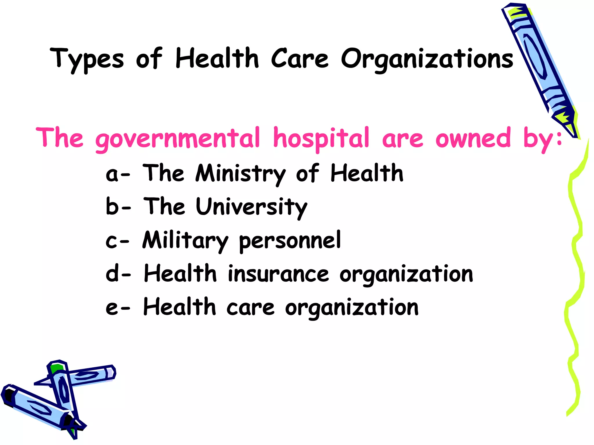 Types of Health Care Organizations


The governmental hospital are owned by:
     a-   The Ministry of Health
     b-   The University
     c-   Military personnel
     d-   Health insurance organization
     e-   Health care organization
 