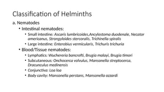 Classification of Helminths
a. Nematodes
• Intestinal nematodes:
• Small intestine: Ascaris lumbricoides,Ancylostoma duodenale, Necator
americanus, Strongyloides stercoralis, Trichinella spiralis
• Large intestine: Enterobius vermicularis, Trichuris trichuria
• Blood/Tissue nematodes:
• Lymphatics: Wuchereria bancrofti, Brugia malayi, Brugia timori
• Subcutaneous: Onchocerca volvulus, Mansonella streptocerca,
Dracunculus medinensis
• Conjunctiva: Loa loa
• Body cavity: Mansonella perstans, Mansonella ozzardi
 