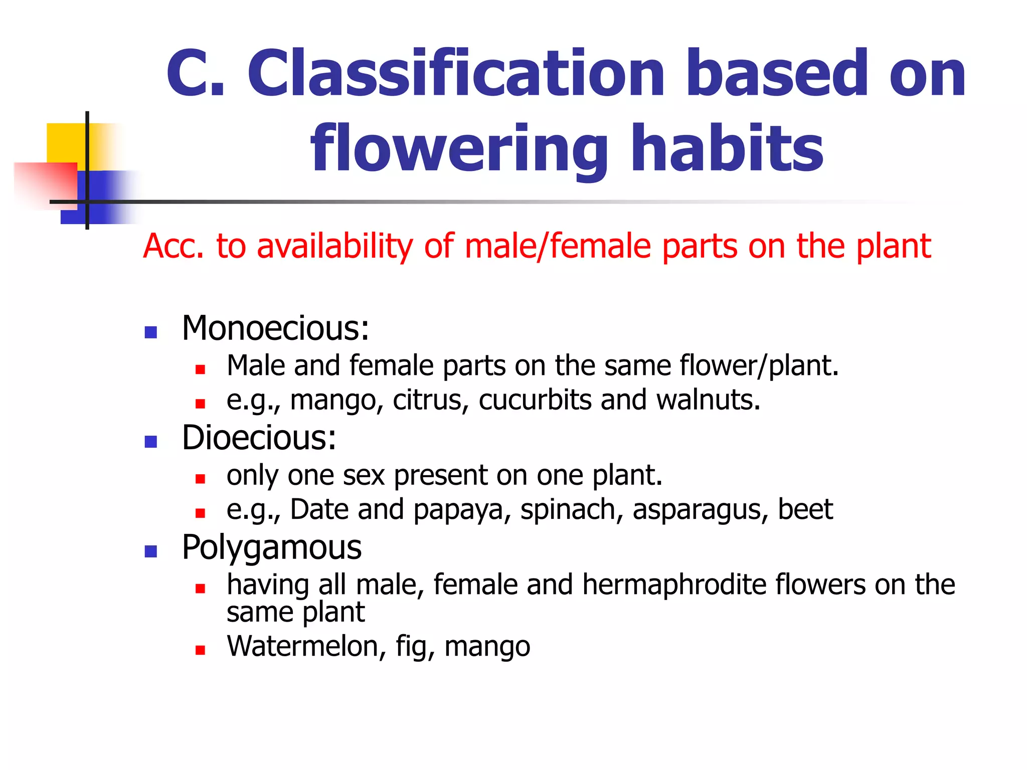 C. Classification based on
flowering habits
Acc. to availability of male/female parts on the plant
 Monoecious:
 Male and female parts on the same flower/plant.
 e.g., mango, citrus, cucurbits and walnuts.
 Dioecious:
 only one sex present on one plant.
 e.g., Date and papaya, spinach, asparagus, beet
 Polygamous
 having all male, female and hermaphrodite flowers on the
same plant
 Watermelon, fig, mango
 