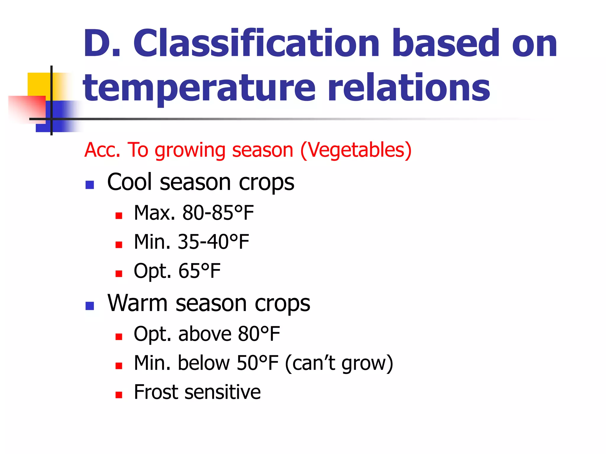 D. Classification based on
temperature relations
Acc. To growing season (Vegetables)
 Cool season crops
 Max. 80-85°F
 Min. 35-40°F
 Opt. 65°F
 Warm season crops
 Opt. above 80°F
 Min. below 50°F (can’t grow)
 Frost sensitive
 