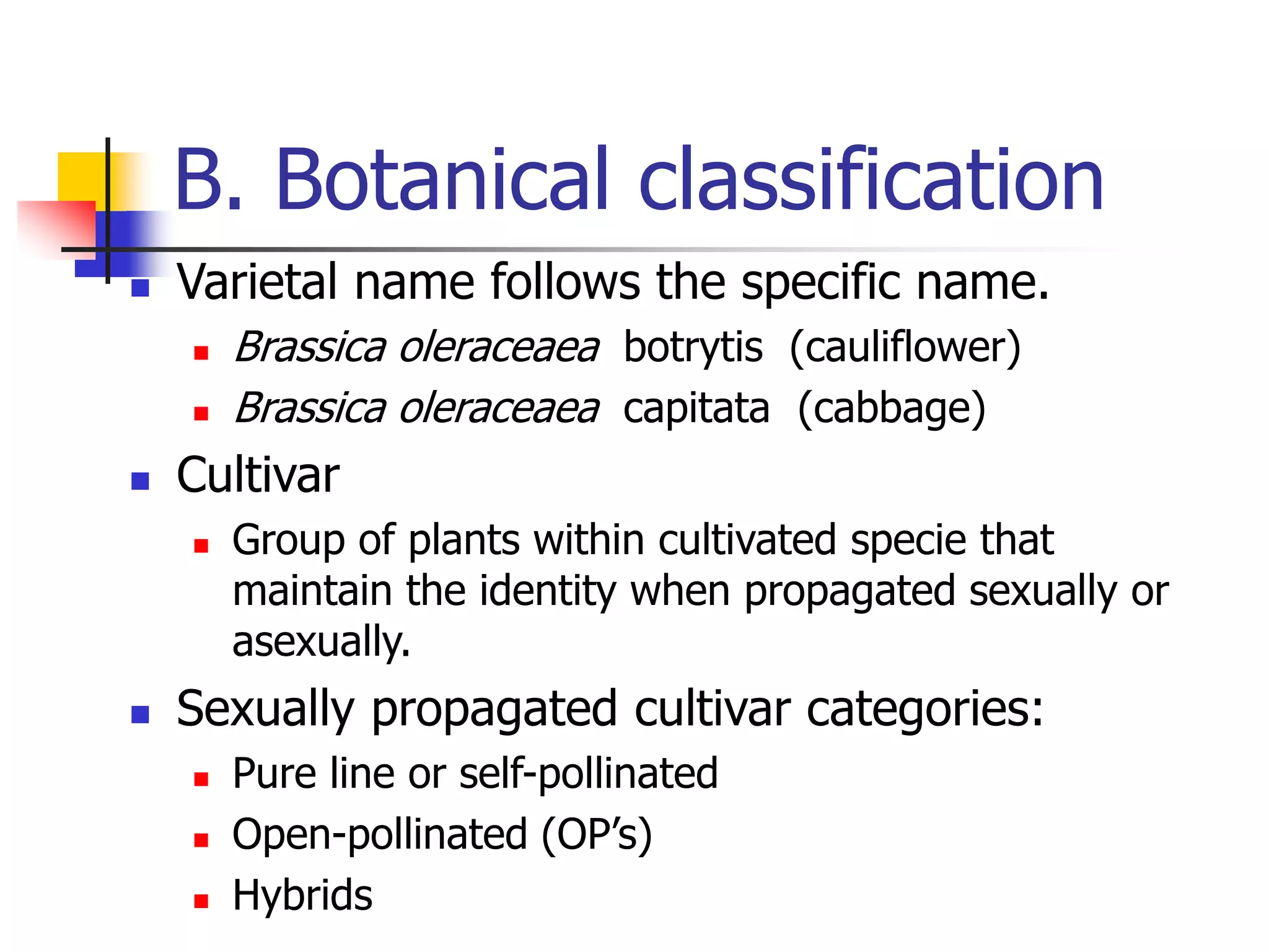 B. Botanical classification
 Varietal name follows the specific name.
 Brassica oleraceaea botrytis (cauliflower)
 Brassica oleraceaea capitata (cabbage)
 Cultivar
 Group of plants within cultivated specie that
maintain the identity when propagated sexually or
asexually.
 Sexually propagated cultivar categories:
 Pure line or self-pollinated
 Open-pollinated (OP’s)
 Hybrids
 
