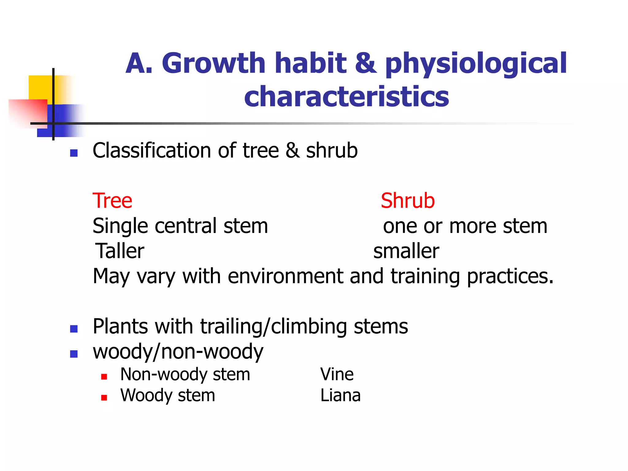 A. Growth habit & physiological
characteristics
 Classification of tree & shrub
Tree Shrub
Single central stem one or more stem
Taller smaller
May vary with environment and training practices.
 Plants with trailing/climbing stems
 woody/non-woody
 Non-woody stem Vine
 Woody stem Liana
 