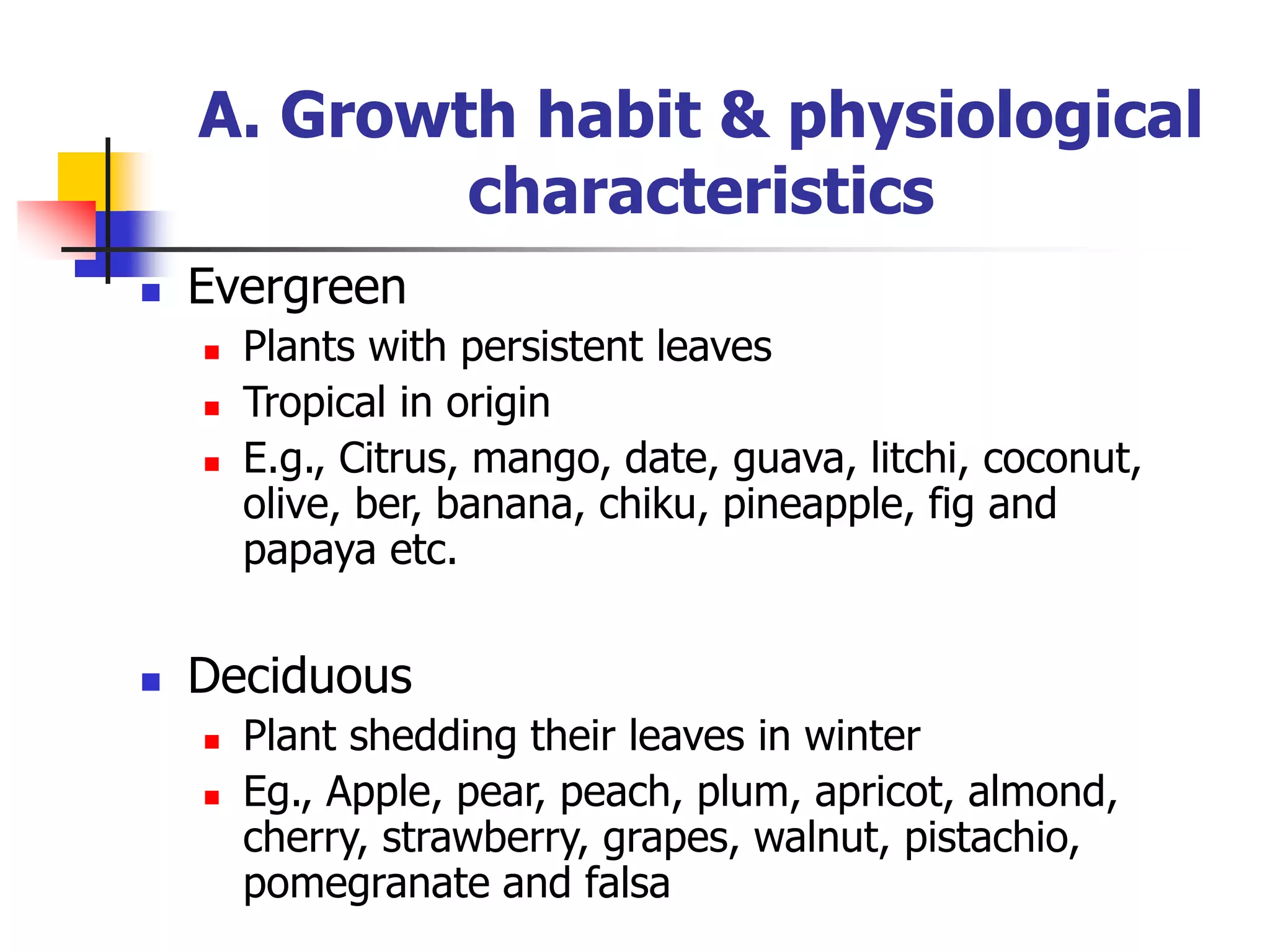  Evergreen
 Plants with persistent leaves
 Tropical in origin
 E.g., Citrus, mango, date, guava, litchi, coconut,
olive, ber, banana, chiku, pineapple, fig and
papaya etc.
 Deciduous
 Plant shedding their leaves in winter
 Eg., Apple, pear, peach, plum, apricot, almond,
cherry, strawberry, grapes, walnut, pistachio,
pomegranate and falsa
A. Growth habit & physiological
characteristics
 