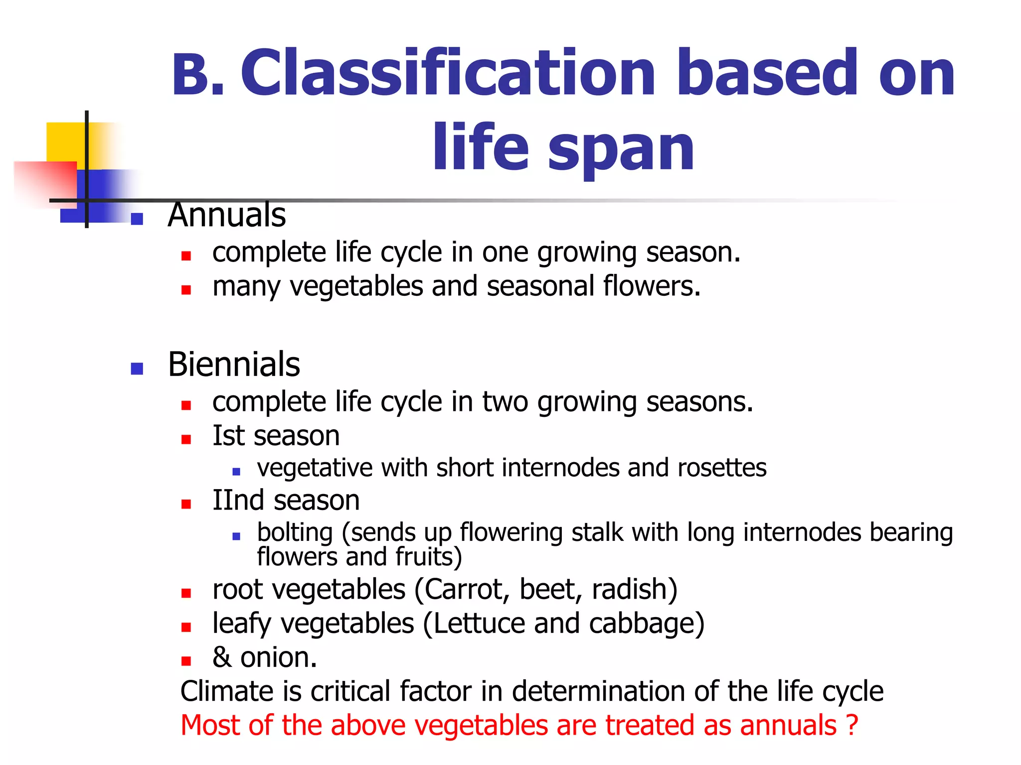 B. Classification based on
life span
 Annuals
 complete life cycle in one growing season.
 many vegetables and seasonal flowers.
 Biennials
 complete life cycle in two growing seasons.
 Ist season
 vegetative with short internodes and rosettes
 IInd season
 bolting (sends up flowering stalk with long internodes bearing
flowers and fruits)
 root vegetables (Carrot, beet, radish)
 leafy vegetables (Lettuce and cabbage)
 & onion.
Climate is critical factor in determination of the life cycle
Most of the above vegetables are treated as annuals ?
 