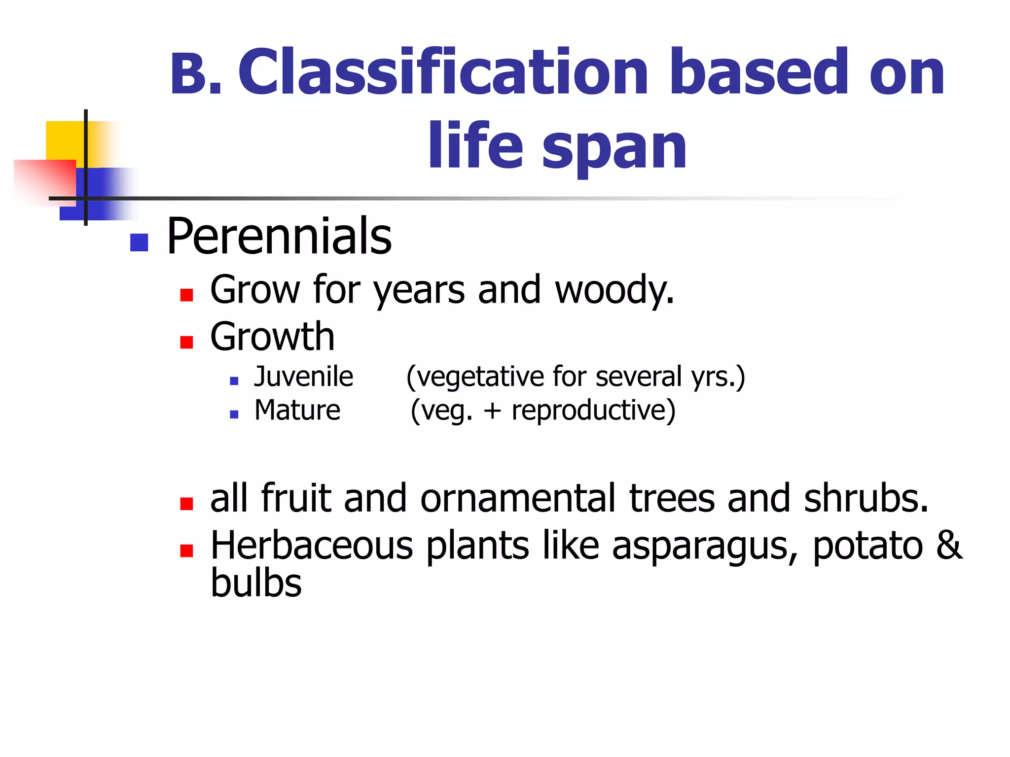 B. Classification based on
life span
 Perennials
 Grow for years and woody.
 Growth
 Juvenile (vegetative for several yrs.)
 Mature (veg. + reproductive)
 all fruit and ornamental trees and shrubs.
 Herbaceous plants like asparagus, potato &
bulbs
 