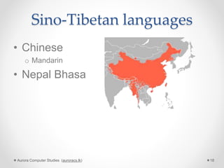 Sino-Tibetan languages
• Chinese
o Mandarin
• Nepal Bhasa
Aurora Computer Studies (auroracs.lk) 18
 