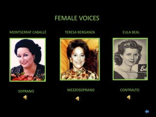FEMALE VOICES
SOPRANO MEZZOSOPRANO CONTRALTO
MONTSERRAT CABALLÉ TERESA BERGANZA EULA BEAL
 