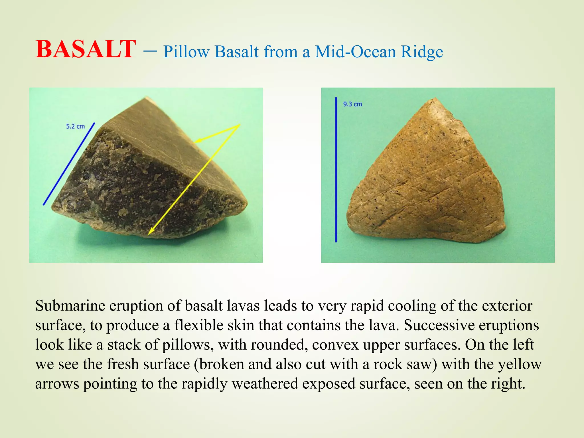 BASALT – Pillow Basalt from a Mid-Ocean Ridge
Submarine eruption of basalt lavas leads to very rapid cooling of the exterior
surface, to produce a flexible skin that contains the lava. Successive eruptions
look like a stack of pillows, with rounded, convex upper surfaces. On the left
we see the fresh surface (broken and also cut with a rock saw) with the yellow
arrows pointing to the rapidly weathered exposed surface, seen on the right.
 