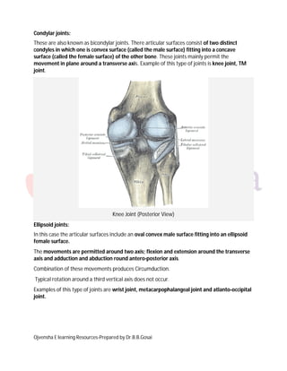 Ojvensha E learning Resources-Prepared by Dr.B.B.Gosai
Condylar joints:
These are also known as bicondylar joints. There articular surfaces consist of two distinct
condyles in which one is convex surface (called the male surface) fitting into a concave
surface (called the female surface) of the other bone. These joints mainly permit the
movement in plane around a transverse axis. Example of this type of joints is knee joint, TM
joint.
Knee Joint (Posterior View)
Ellipsoid joints:
In this case the articular surfaces include an oval convex male surface fitting into an ellipsoid
female surface.
The movements are permitted around two axis; flexion and extension around the transverse
axis and adduction and abduction round antero-posterior axis.
Combination of these movements produces Circumduction.
Typical rotation around a third vertical axis does not occur.
Examples of this type of joints are wrist joint, metacarpophalangeal joint and atlanto-occipital
joint.
 