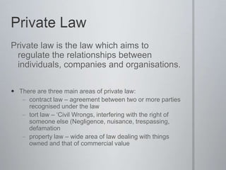 Private Law Private law is the law which aims to regulate the relationships between individuals, companies and organisations.There are three main areas of private law:contract law – agreement between two or more parties recognised under the law