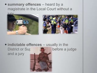 Criminal Court ProceduresCriminal casesin a criminal case there is a prosecutor and a defendant (also known as the accused)the state (through the prosecutor) brings the case to court the onus is on the prosecutor to prove the casethe standard of proof in a criminal case is ‘beyond reasonable doubt’criminal cases can either be summary or indictable