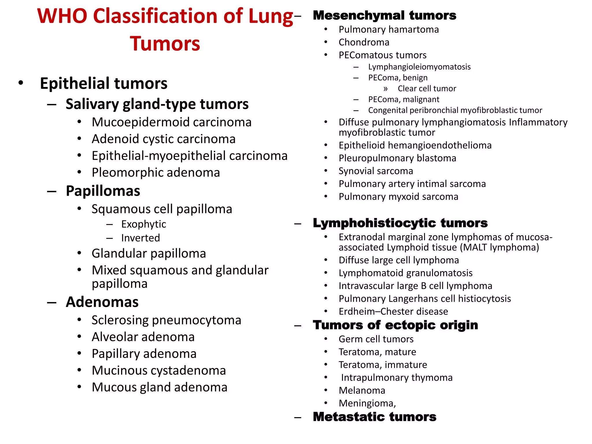 WHO Classification of Lung
Tumors
• Epithelial tumors
– Salivary gland-type tumors
• Mucoepidermoid carcinoma
• Adenoid cystic carcinoma
• Epithelial-myoepithelial carcinoma
• Pleomorphic adenoma
– Papillomas
• Squamous cell papilloma
– Exophytic
– Inverted
• Glandular papilloma
• Mixed squamous and glandular
papilloma
– Adenomas
• Sclerosing pneumocytoma
• Alveolar adenoma
• Papillary adenoma
• Mucinous cystadenoma
• Mucous gland adenoma
– Mesenchymal tumors
• Pulmonary hamartoma
• Chondroma
• PEComatous tumors
– Lymphangioleiomyomatosis
– PEComa, benign
» Clear cell tumor
– PEComa, malignant
– Congenital peribronchial myofibroblastic tumor
• Diffuse pulmonary lymphangiomatosis Inflammatory
myofibroblastic tumor
• Epithelioid hemangioendothelioma
• Pleuropulmonary blastoma
• Synovial sarcoma
• Pulmonary artery intimal sarcoma
• Pulmonary myxoid sarcoma
– Lymphohistiocytic tumors
• Extranodal marginal zone lymphomas of mucosa-
associated Lymphoid tissue (MALT lymphoma)
• Diffuse large cell lymphoma
• Lymphomatoid granulomatosis
• Intravascular large B cell lymphoma
• Pulmonary Langerhans cell histiocytosis
• Erdheim–Chester disease
– Tumors of ectopic origin
• Germ cell tumors
• Teratoma, mature
• Teratoma, immature
• Intrapulmonary thymoma
• Melanoma
• Meningioma,
– Metastatic tumors
 