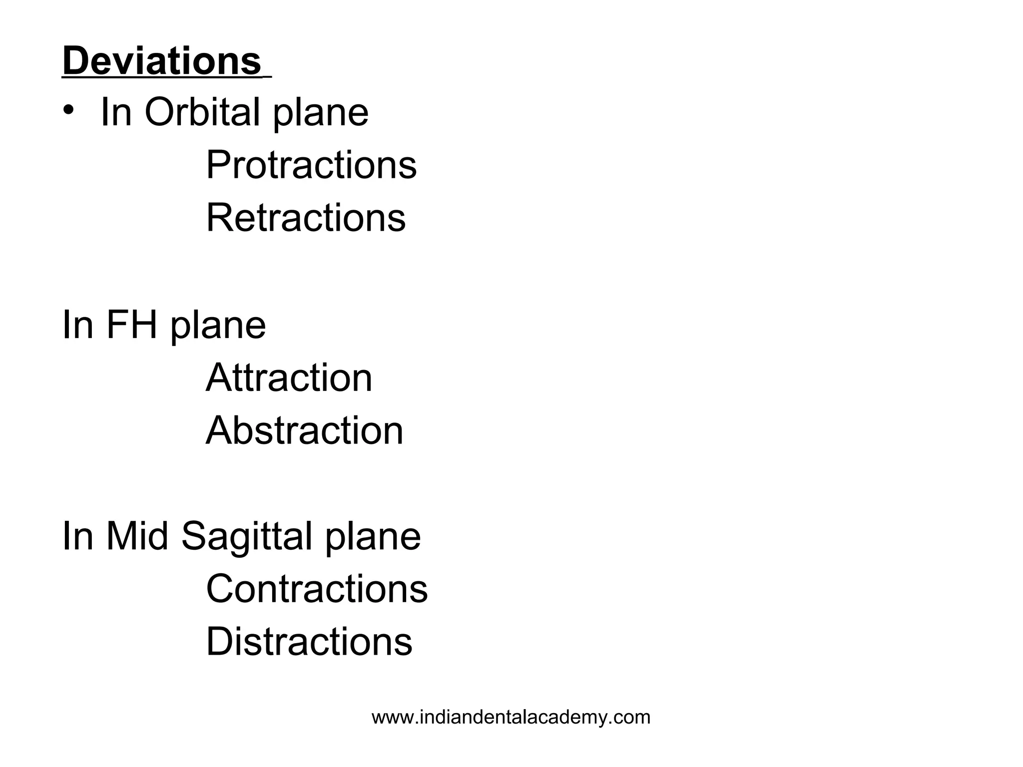 Deviations
• In Orbital plane
Protractions
Retractions
In FH plane
Attraction
Abstraction
In Mid Sagittal plane
Contractions
Distractions
www.indiandentalacademy.com

 