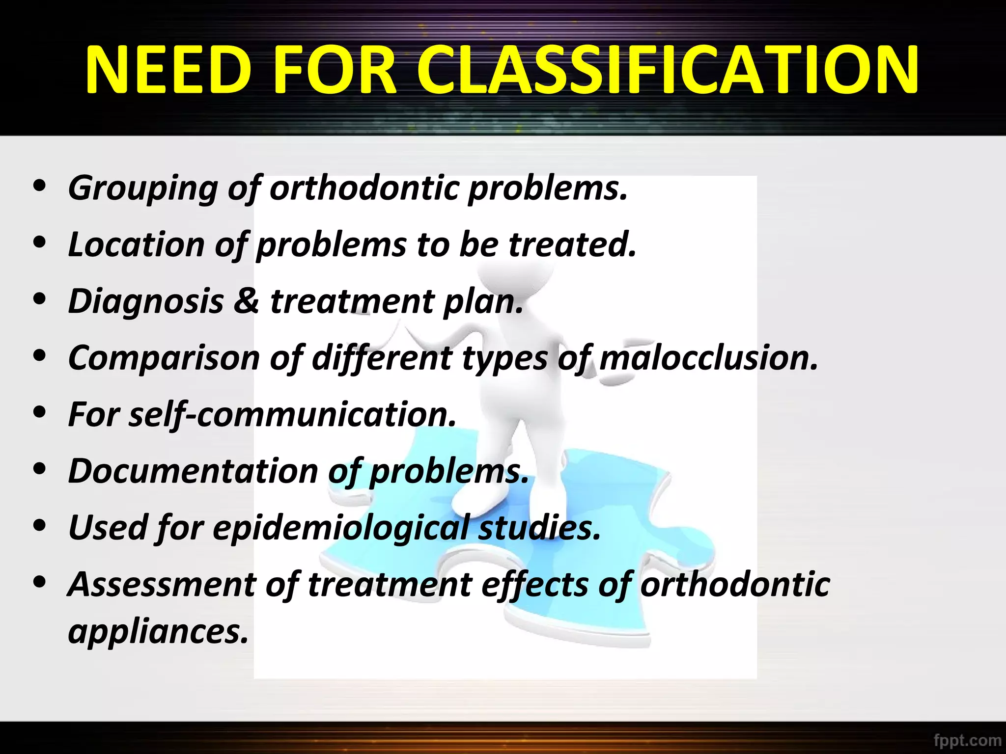 NEED FOR CLASSIFICATION
•
•
•
•
•
•
•
•

Grouping of orthodontic problems.
Location of problems to be treated.
Diagnosis & treatment plan.
Comparison of different types of malocclusion.
For self-communication.
Documentation of problems.
Used for epidemiological studies.
Assessment of treatment effects of orthodontic
appliances.

 