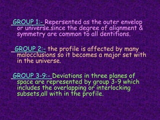 GROUP 1:- Repersented as the outer envelop
or universe.since the degree of alignment &
symmetry are common to all dentitions.
GROUP 2:- the profile is affected by many
malocclusions so it becomes a major set with
in the universe.
GROUP 3-9:- Deviations in three planes of
space are represented by group 3-9 which
includes the overlapping or interlocking
subsets,all with in the profile.
 