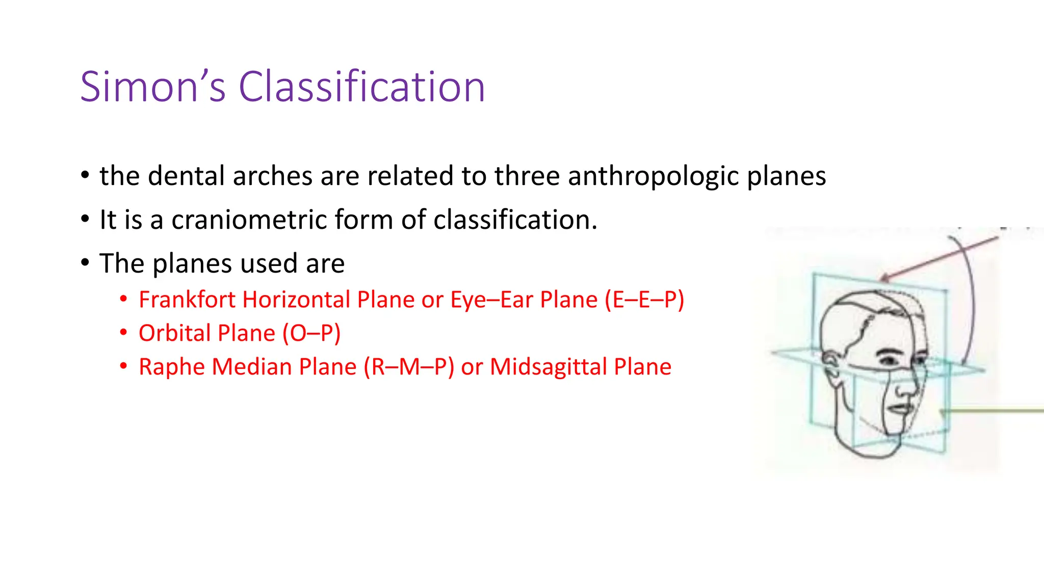 Simon’s Classification
• the dental arches are related to three anthropologic planes
• It is a craniometric form of classification.
• The planes used are
• Frankfort Horizontal Plane or Eye–Ear Plane (E–E–P)
• Orbital Plane (O–P)
• Raphe Median Plane (R–M–P) or Midsagittal Plane
 