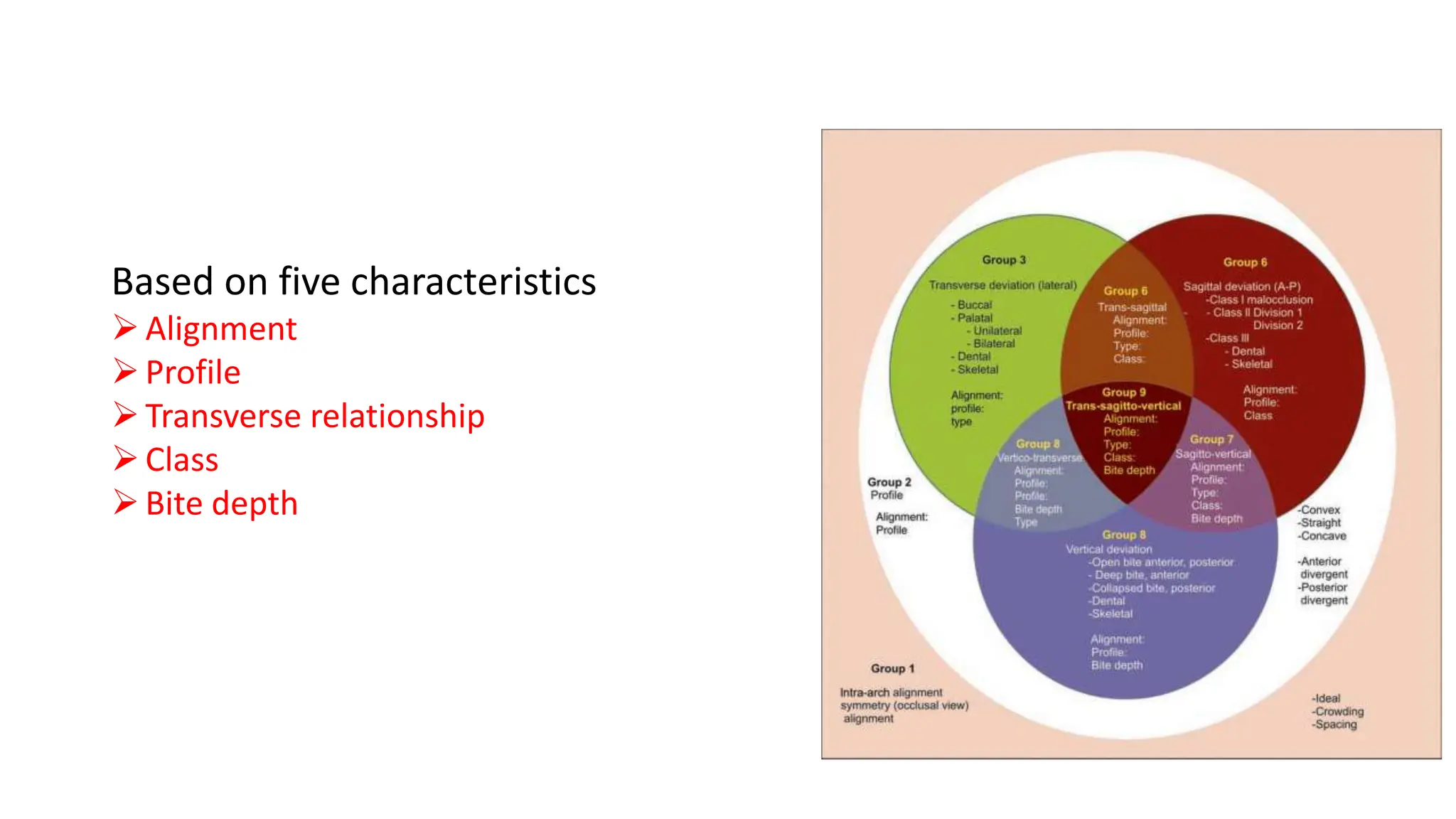 Based on five characteristics
Alignment
Profile
Transverse relationship
Class
Bite depth
 
