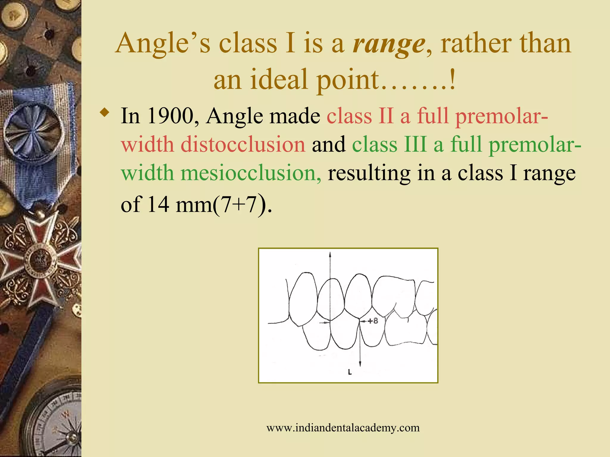 Angle’s class I is a range, rather than
an ideal point…….!
 In 1900, Angle made class II a full premolar-
width distocclusion and class III a full premolar-
width mesiocclusion, resulting in a class I range
of 14 mm(7+7).
www.indiandentalacademy.com
 