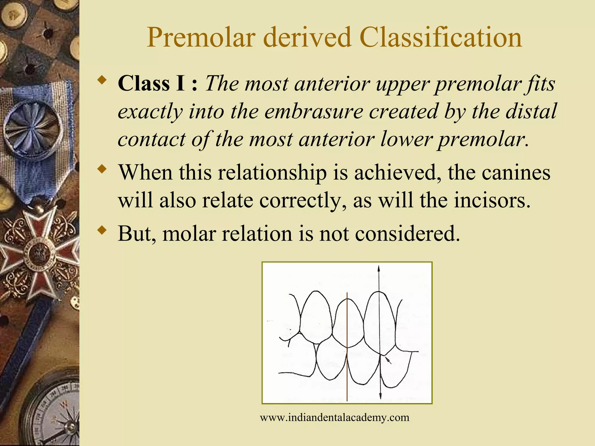 Premolar derived Classification
 Class I : The most anterior upper premolar fits
exactly into the embrasure created by the distal
contact of the most anterior lower premolar.
 When this relationship is achieved, the canines
will also relate correctly, as will the incisors.
 But, molar relation is not considered.
www.indiandentalacademy.com
 