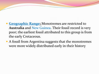  Geographic Range: Monotremes are restricted to
Australia and New Guinea. Their fossil record is very
poor; the earliest fossil attributed to this group is from
the early Cretaceous.
 A fossil from Argentina suggests that the monotremes
were more widely distributed early in their history
 