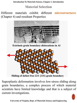 Introduction To Materials Science, Chapter 1, Introduction
University of Virginia, Dept. of Materials Science and Engineering
14
Different materials exhibit different microstructures
(Chapter 4) and resultant Properties
Material Selection
Superplastic deformation involves low-stress sliding along
grain boundaries, a complex process of which material
scientists have limited knowledge and that is a subject of
current investigations.
 