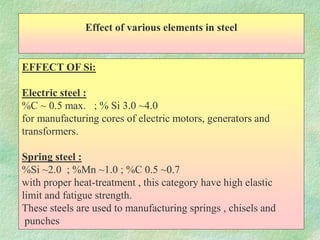 Effect of various elements in steel
EFFECT OF Si:
Electric steel :
%C ~ 0.5 max. ; % Si 3.0 ~4.0
for manufacturing cores of electric motors, generators and
transformers.
Spring steel :
%Si ~2.0 ; %Mn ~1.0 ; %C 0.5 ~0.7
with proper heat-treatment , this category have high elastic
limit and fatigue strength.
These steels are used to manufacturing springs , chisels and
punches
 