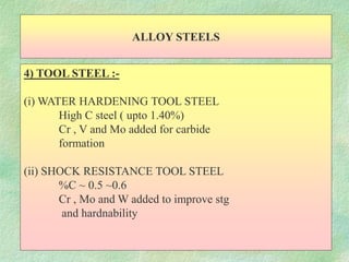 ALLOY STEELS
4) TOOL STEEL :-
(i) WATER HARDENING TOOL STEEL
High C steel ( upto 1.40%)
Cr , V and Mo added for carbide
formation
(ii) SHOCK RESISTANCE TOOL STEEL
%C ~ 0.5 ~0.6
Cr , Mo and W added to improve stg
and hardnability
 