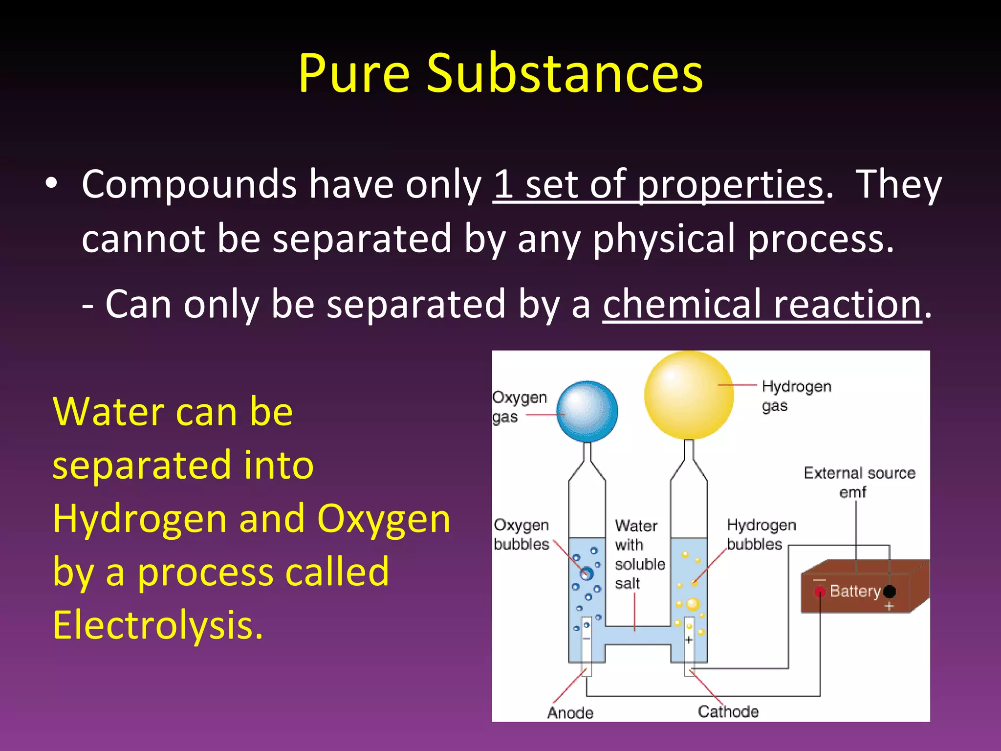 Pure Substances Compounds have only  1 set of properties .  They cannot be separated by any physical process. - Can only be separated by a  chemical reaction . Water can be separated into Hydrogen and Oxygen by a process called Electrolysis. 