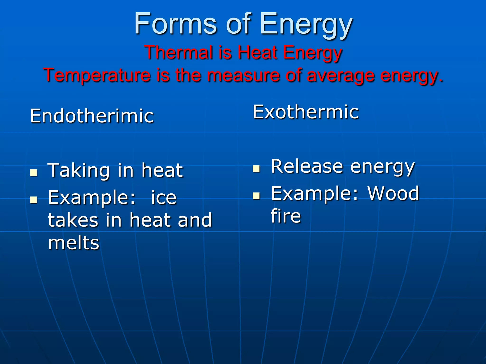 Forms of Energy
Thermal is Heat Energy
Temperature is the measure of average energy.
Endotherimic
 Taking in heat
 Example: ice
takes in heat and
melts
Exothermic
 Release energy
 Example: Wood
fire
 