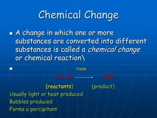 Chemical Change
 A change in which one or more
substances are converted into different
substances is called a chemical change
or chemical reaction
 Yields
C + O2 CO2
(reactants) (product)
Usually light or heat produced
Bubbles produced
Forms a percipitant
 