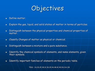 Objectives
 Define matter.
 Explain the gas, liquid, and solid states of matter in terms of particles.
 Distinguish between the physical properties and chemical properties of
matter.
 Classify Changes of matter as physical or chemical.
 Distinguish between a mixture and a pure substance.
 Identify the chemical symbols of elements, and name elements, given
their symbols.
 Identify important families of elements on the periodic table.
TEKS: 2A,2D,2E,3B,3C,3D,3E,4A,4B,4C,4D,5A,11A,11B
 
