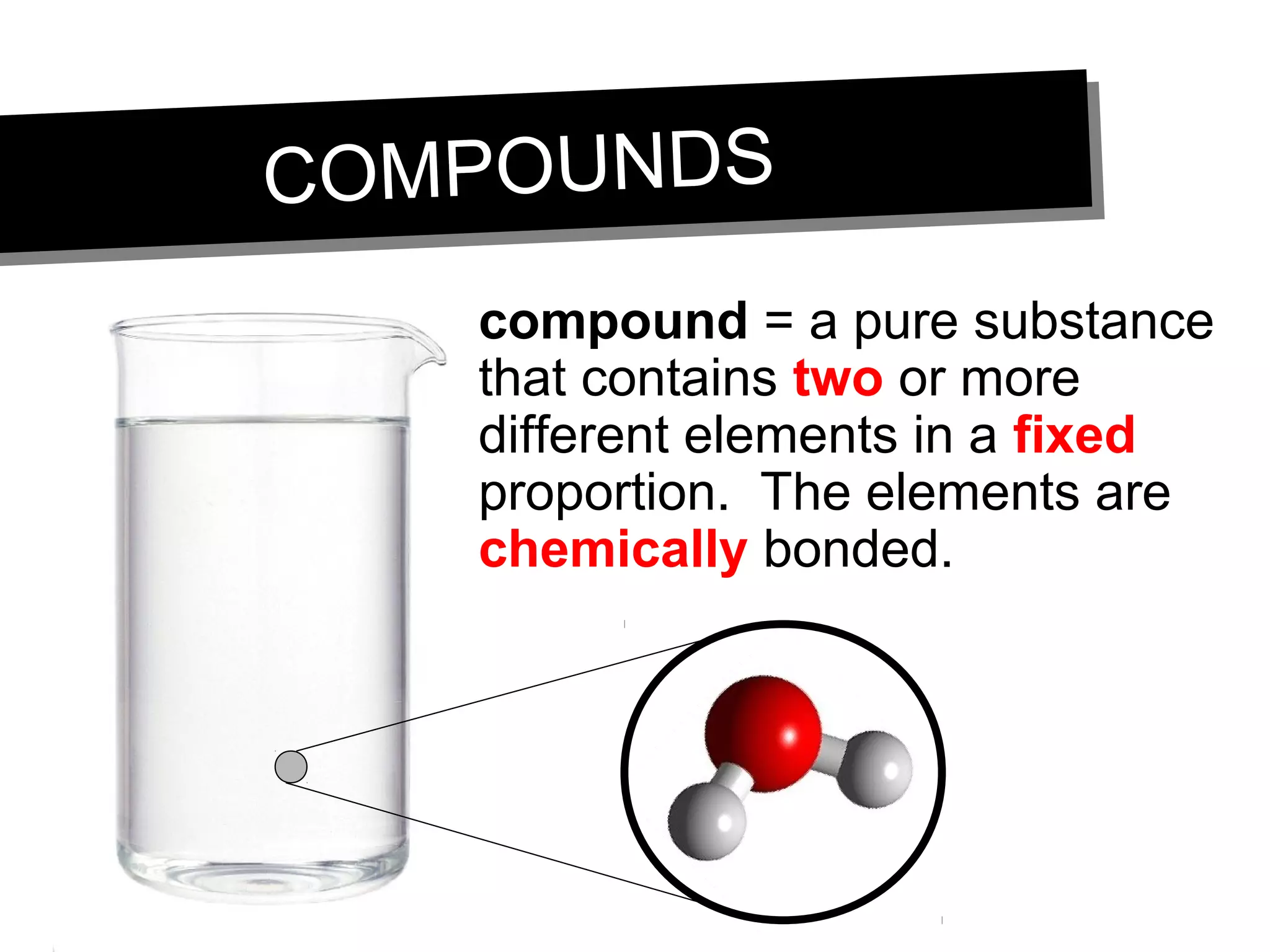 COMPOUNDSCOMPOUNDS
compound = a pure substance
that contains two or more
different elements in a fixed
proportion. The elements are
chemically bonded.
 
