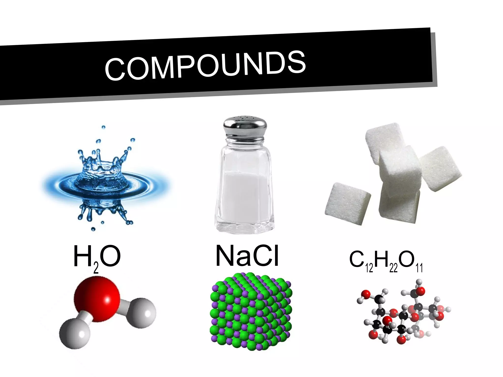 COMPOUNDSCOMPOUNDS
H2O NaCl C12H22O11
 