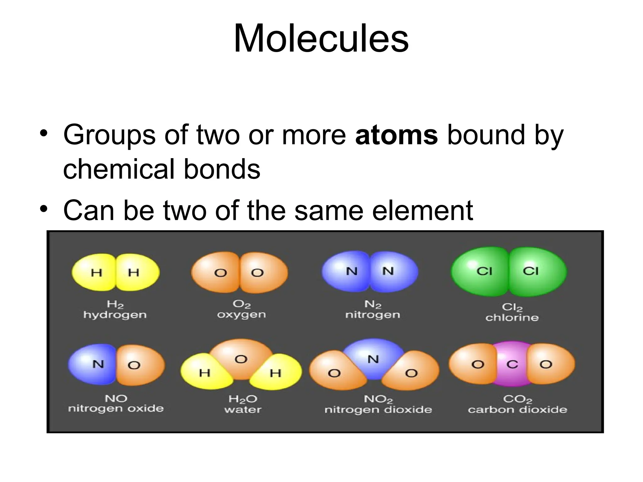 Molecules
• Groups of two or more atoms bound by
chemical bonds
• Can be two of the same element
 