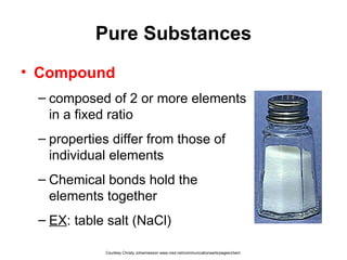 Pure Substances
• Compound
– composed of 2 or more elements
in a fixed ratio
– properties differ from those of
individual elements
– Chemical bonds hold the
elements together
– EX: table salt (NaCl)
Courtesy Christy Johannesson www.nisd.net/communicationsarts/pages/chem
 