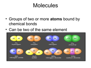 Molecules
• Groups of two or more atoms bound by
chemical bonds
• Can be two of the same element
 