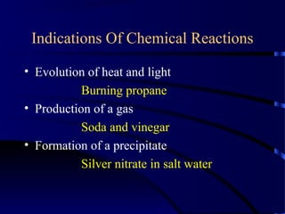 Indications Of Chemical Reactions
• Evolution of heat and light
Burning propane
• Production of a gas
Soda and vinegar
• Formation of a precipitate
Silver nitrate in salt water
 