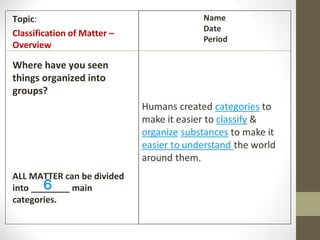 Topic:
Classification of Matter –
Overview

Where have you seen
things organized into
groups?




ALL MATTER can be divided
        6
into ________ main
categories.
 