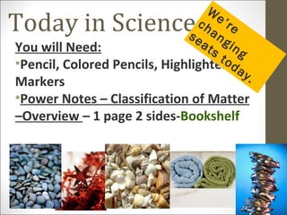 W
Today in Science                ch re
                              se ang
                                     e’

You will Need:                   at in
                                   s     g
                                      to
•Pencil, Colored Pencils, Highlightersdoray
Markers                                     .
•Power Notes – Classification of Matter
–Overview – 1 page 2 sides-Bookshelf
 