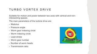 T U R B O V O R T E X D R I V E
Suitable for motion and power between two axes with vertical and non-
intersecting spaces.
The main parameters of the turbine drive are:
• Modulus
• Pressure angle
• Worm gear indexing circle
• Worm indexing circle
• Lead stroke
• Worm gear number
• Number of worm heads
• Transmission ratio
 