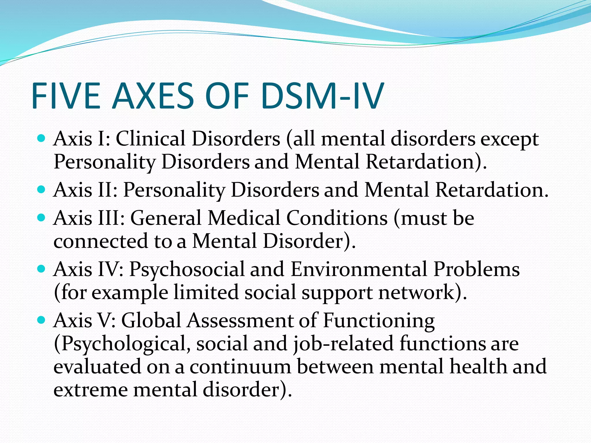 FIVE AXES OF DSM-IV
 Axis I: Clinical Disorders (all mental disorders except
Personality Disorders and Mental Retardation).
 Axis II: Personality Disorders and Mental Retardation.
 Axis III: General Medical Conditions (must be
connected to a Mental Disorder).
 Axis IV: Psychosocial and Environmental Problems
(for example limited social support network).
 Axis V: Global Assessment of Functioning
(Psychological, social and job-related functions are
evaluated on a continuum between mental health and
extreme mental disorder).
 
