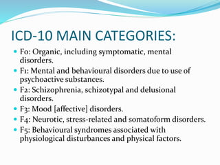 ICD-10 MAIN CATEGORIES:
 F0: Organic, including symptomatic, mental
disorders.
 F1: Mental and behavioural disorders due to use of
psychoactive substances.
 F2: Schizophrenia, schizotypal and delusional
disorders.
 F3: Mood [affective] disorders.
 F4: Neurotic, stress-related and somatoform disorders.
 F5: Behavioural syndromes associated with
physiological disturbances and physical factors.
 