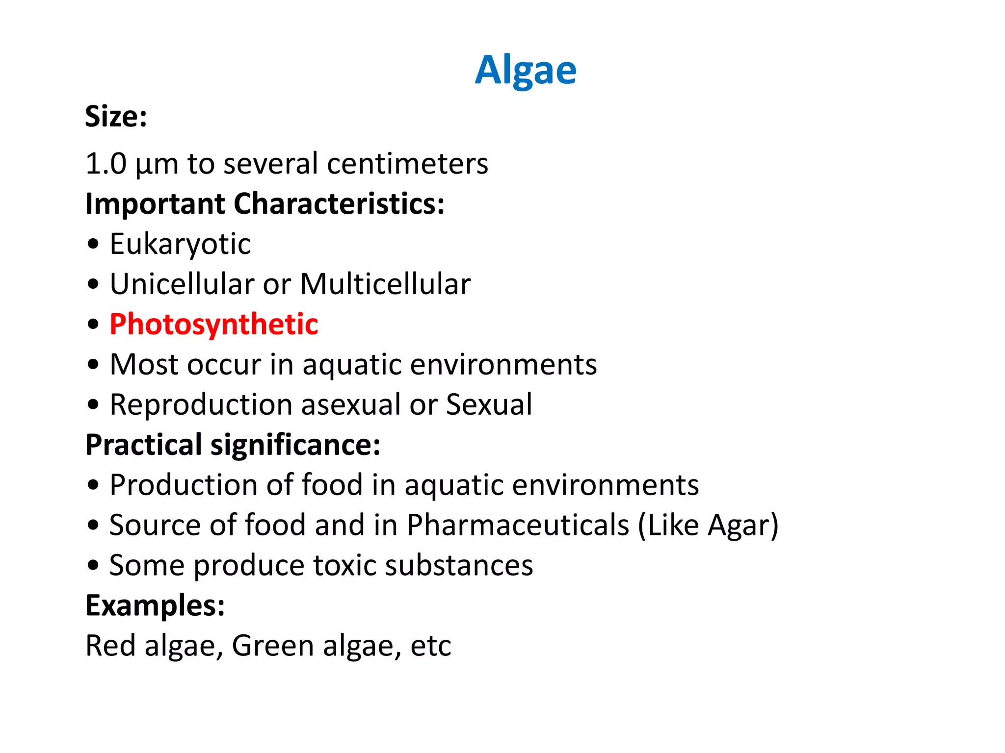 Algae
Size:
1.0 μm to several centimeters
Important Characteristics:
• Eukaryotic
• Unicellular or Multicellular
• Photosynthetic
• Most occur in aquatic environments
• Reproduction asexual or Sexual
Practical significance:
• Production of food in aquatic environments
• Source of food and in Pharmaceuticals (Like Agar)
• Some produce toxic substances
Examples:
Red algae, Green algae, etc
 