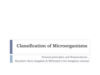 Classification of Microorganisms
General principles and Nomenclature ,
Haeckel’s three kingdom & Whittaker’s five kingdom concept
 