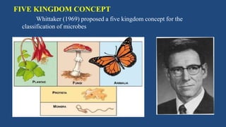 FIVE KINGDOM CONCEPT
Whittaker (1969) proposed a five kingdom concept for the
classification of microbes
 